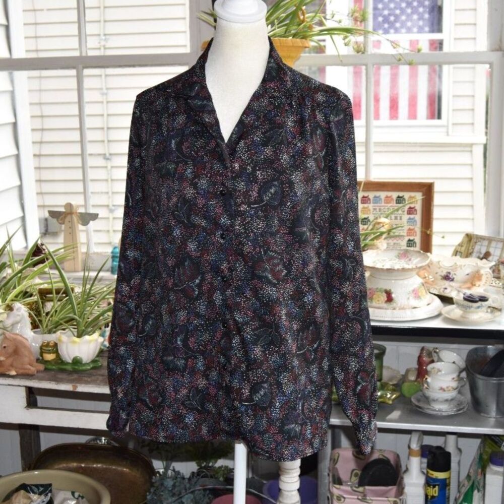 1970s Levi Strauss Womens Black Floral Blouse Long Sleeve Notched Collar Medium
